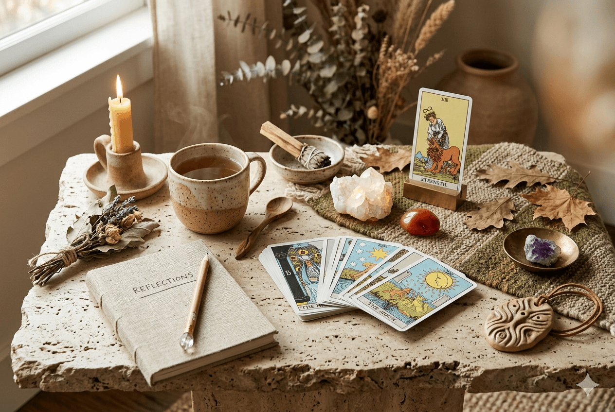 Natureza-morta ritual com cartas, vela, cristais e caderno sobre superfície orgânica