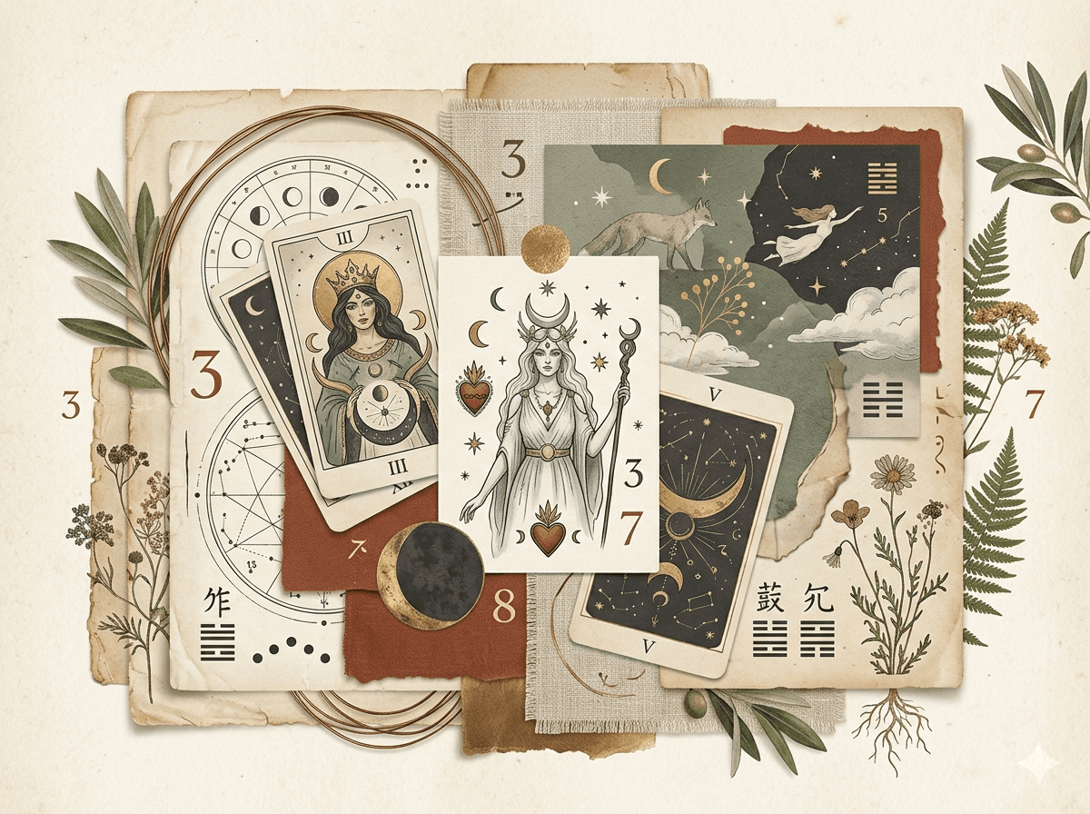 Colagem sofisticada com tarot, numerologia, i ching e símbolos espirituais